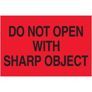 "Do Not..." Shipping Labels - Do Not Open With Sharp Object, Red, 2 x 3"