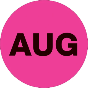 Circle Months of the Year Labels, "AUG", 1", Fluorescent Pink