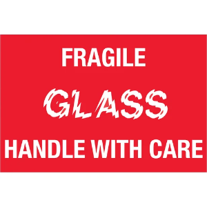 Fragile Shipping Labels - Fragile | Glass | Handle With Care, Red, 2 x 3"