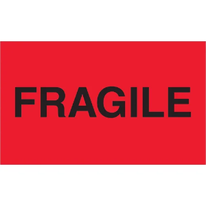 Fragile Shipping Labels - Fragile, Fluorescent Red, 3 x 5"