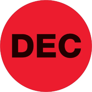 Circle Months of the Year Labels, "DEC", 1", Fluorescent Red