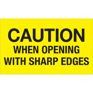 Receiving Labels - Caution When Opening With Sharp Edges, Yellow, 3 x 5"