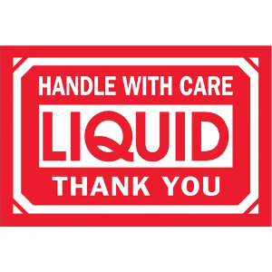 Fragile Shipping Labels - Handle With Care | Liquid | Thank You, Red / White, 2 x 3"