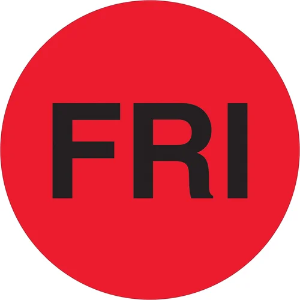 Circle Days of the Week Labels, "FRI", 2", Fluorescent Red