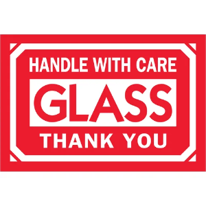 Fragile Shipping Labels - Handle With Care | Glass | Thank You, Red / White, 2 x 3"