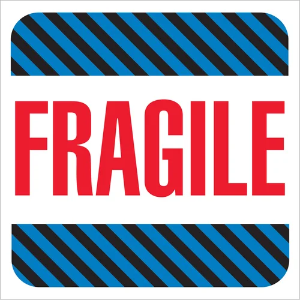 Fragile Shipping Labels - Fragile, Black / Blue Stripe, 4 x 4"