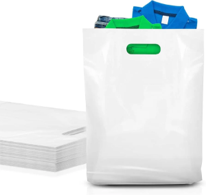 Die Cut Merchandise Bags with Handle, 9 x 12", 2 Mil, White