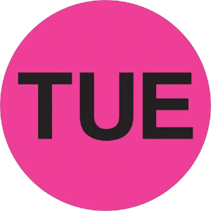 Circle Days of the Week Labels, "TUE", 2", Fluorescent Pink