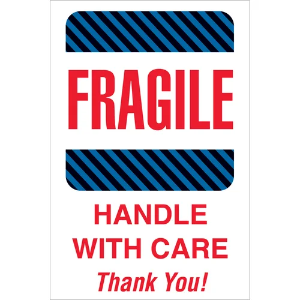 Fragile Shipping Labels - Fragile | Handle With Care | Thank You, Black / Blue Stripe, 4 x 6"