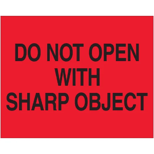 "Do Not..." Shipping Labels - Do Not Open With Sharp Object, Red, 8 x 10"