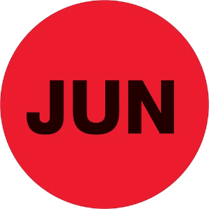 Circle Months of the Year Labels, "JUN", 2", Fluorescent Red