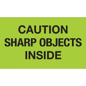 Handling Labels - Caution Sharp Objects Inside, Fluorescent Green, 3 x 5"