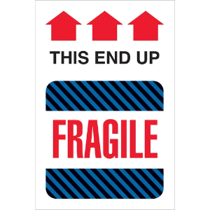 Fragile Shipping Labels - Fragile | This End Up, Black / Blue Stripe, 4 x 6"