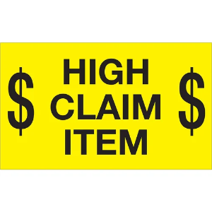 Fragile Shipping Labels - High Claim Item, Yellow, 3 x 5"